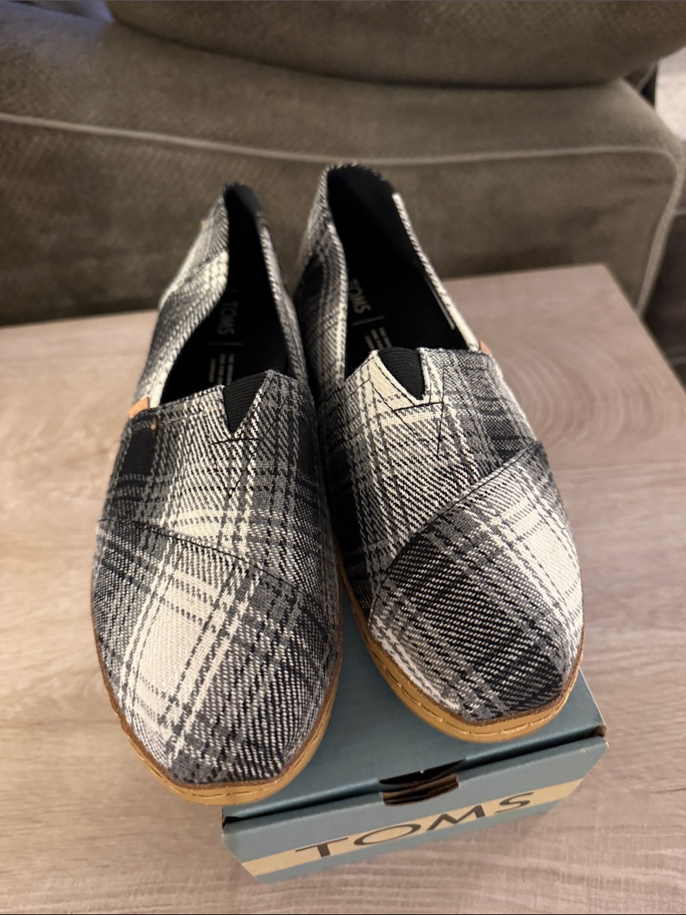 TOMS Men's Black and White Plaid Slip-On Loafers